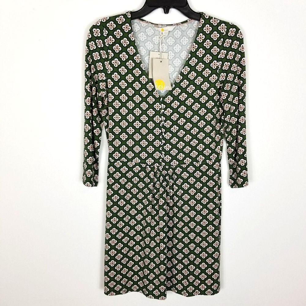 Boden Women Sabina Jersey Tunic Mini Dress Size 4 Green Geometric 3/4 Sleeve‎